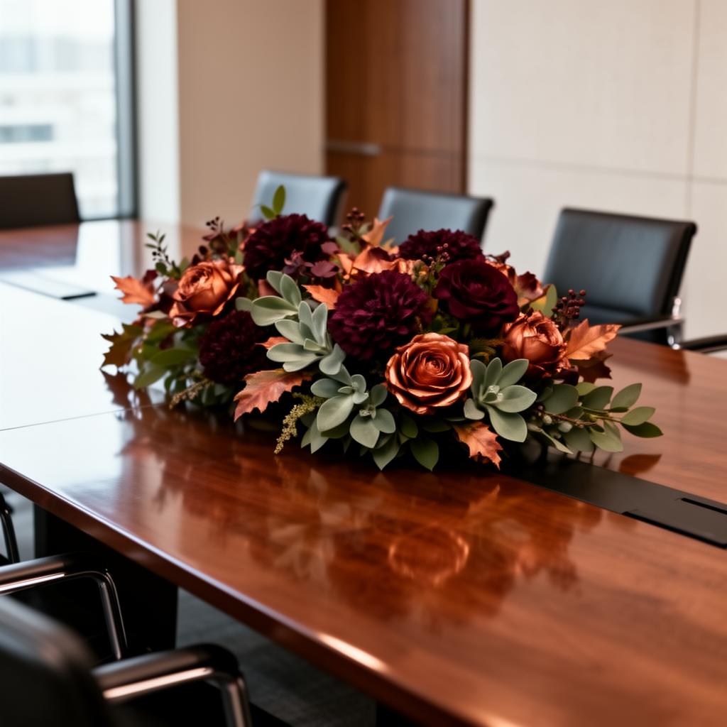 Low autumnal floral centrepiece on a polished boardroom table