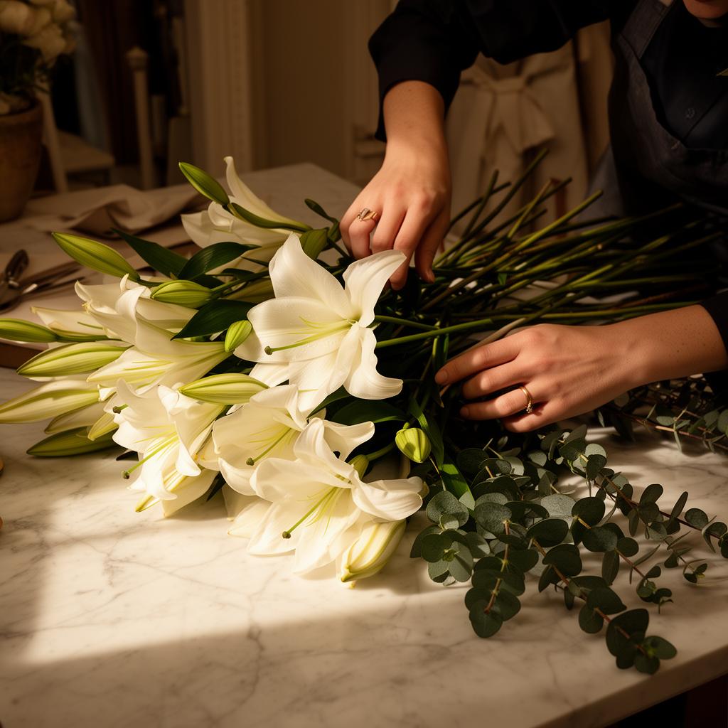 Florist's hands arranging lilies and eucalyptus on a marble surface
