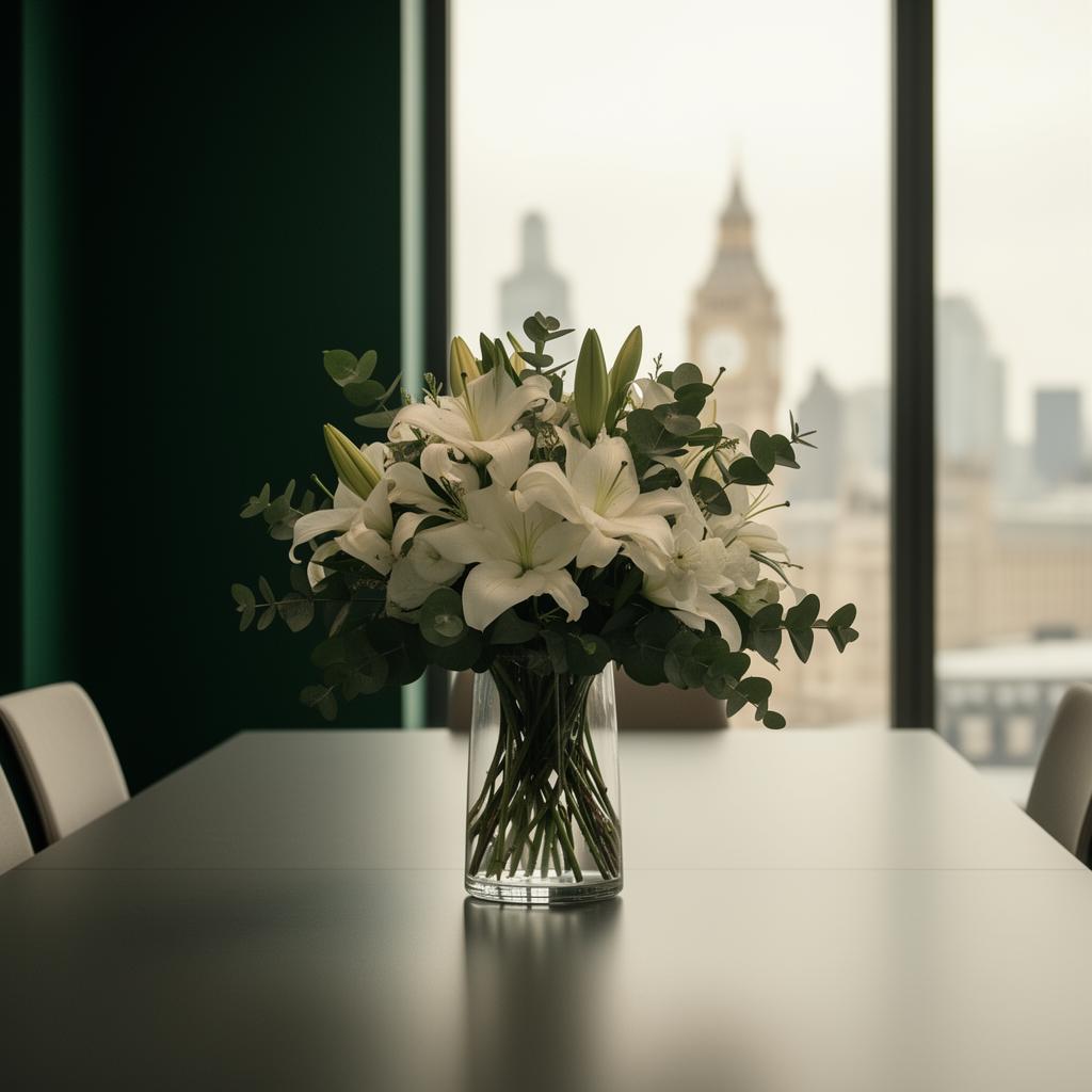 White lily bouquet in a glass vase on a boardroom table with London skyline